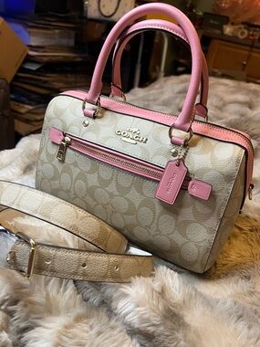 COACH Rowan Satchel Medium in Sig Canvas Light Khaki Bubblegum - Retail $398